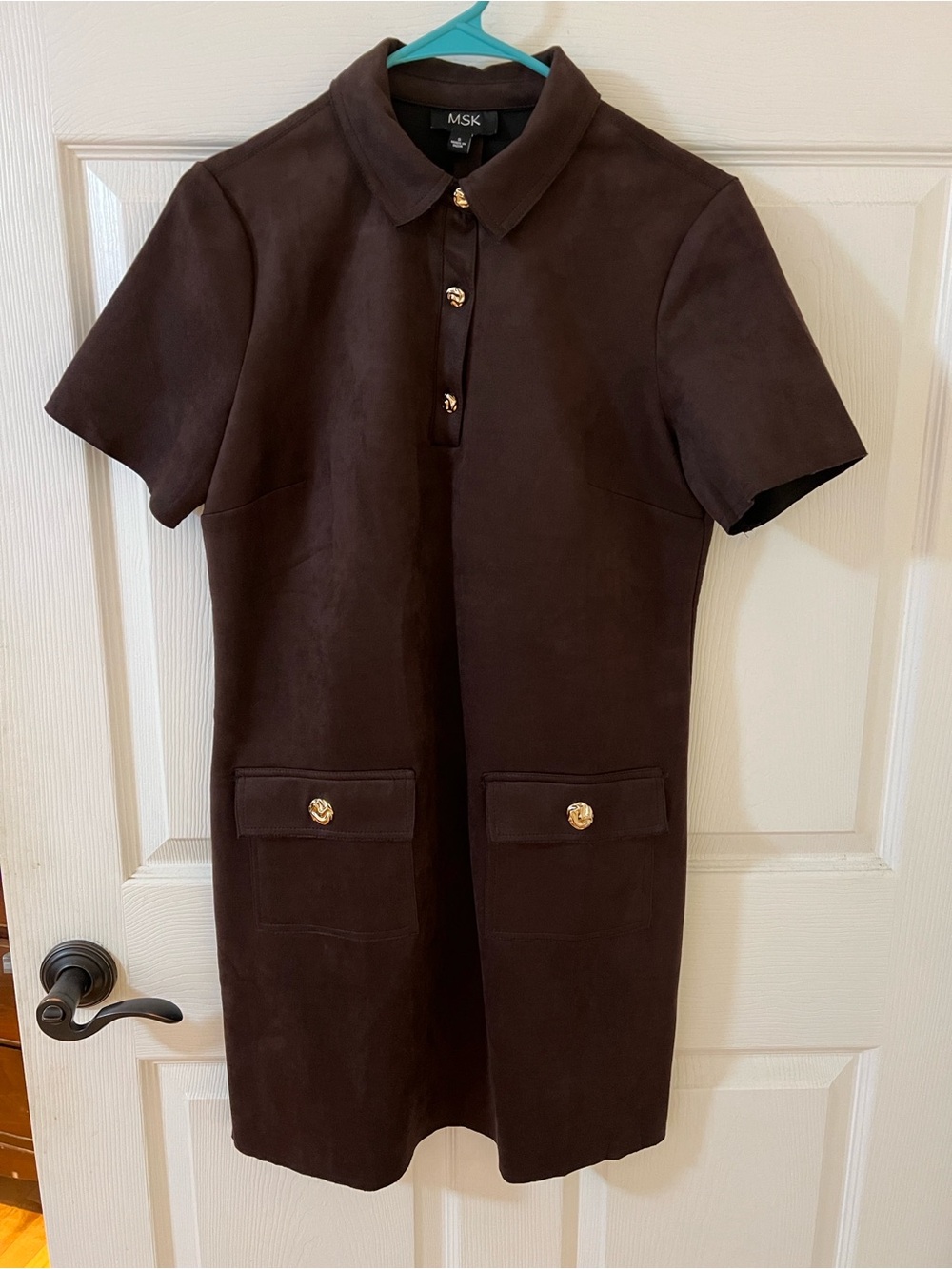 MSK Chocolate Brown Short-Sleeve Polo Shift Dress with Gold Buttons